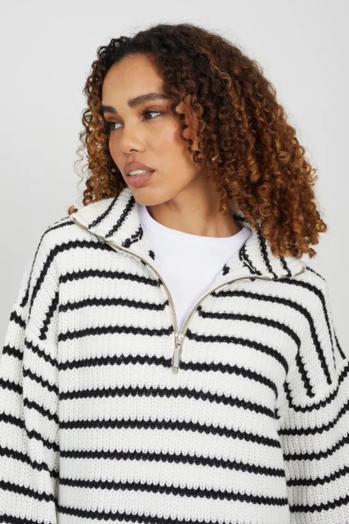 Half Zip Striped Fisherman Knit Jumper