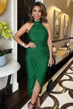 Halter Neck Draped Wrap Skirt Midi Dress
