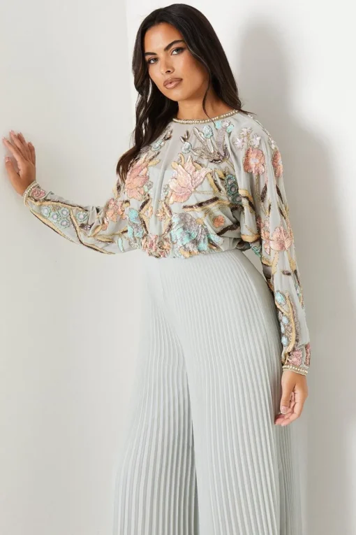 Hand Embellished Bodice Jumpsuit With Pleated Trouser