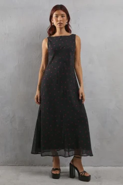 Heart Print Chiffon Slash Neck Bias Sleeveless Midi Dress