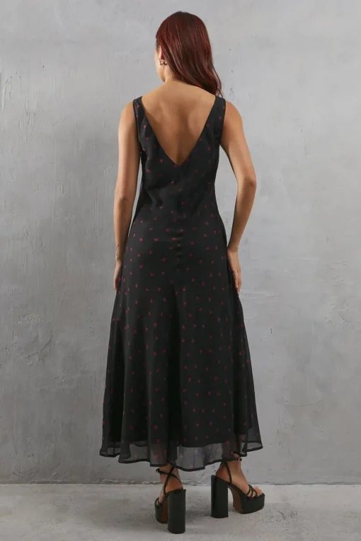 Heart Print Chiffon Slash Neck Bias Sleeveless Midi Dress