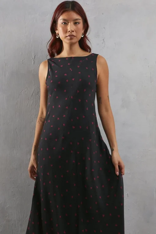 Heart Print Chiffon Slash Neck Bias Sleeveless Midi Dress