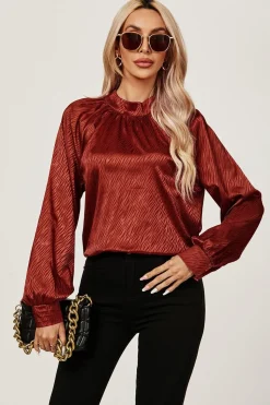 High Neck Back Cut Detail Satin Blouse Top