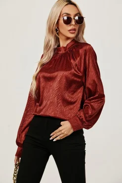 High Neck Back Cut Detail Satin Blouse Top