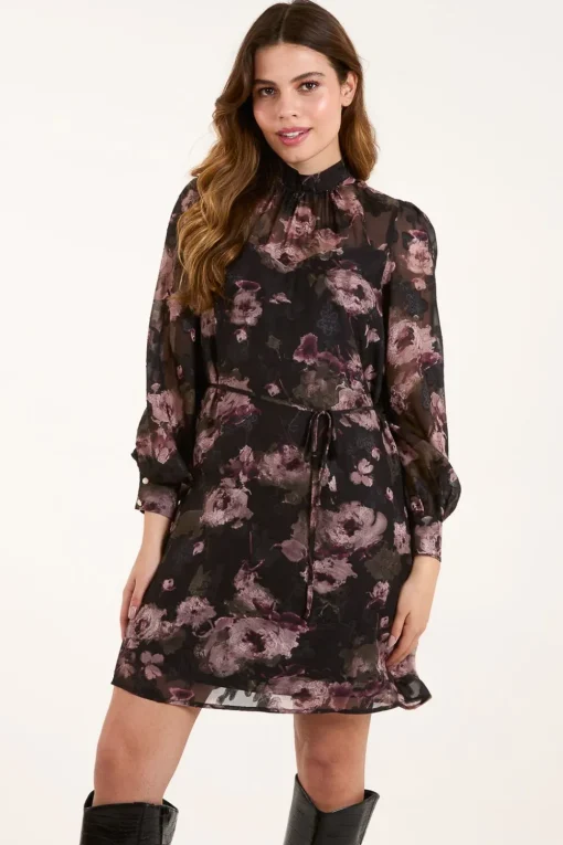 High Neck Floral Dress With Tie