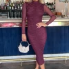 High Neck Long Sleeve Ruched Bodycon Mesh Midi Dress