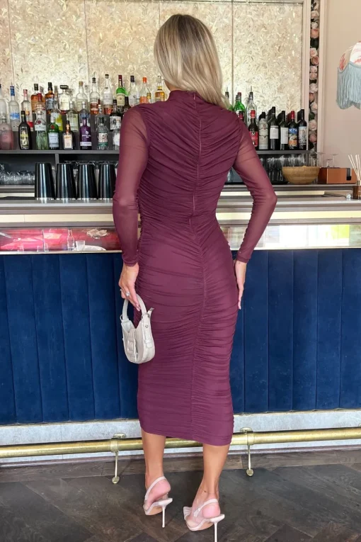 High Neck Long Sleeve Ruched Bodycon Mesh Midi Dress