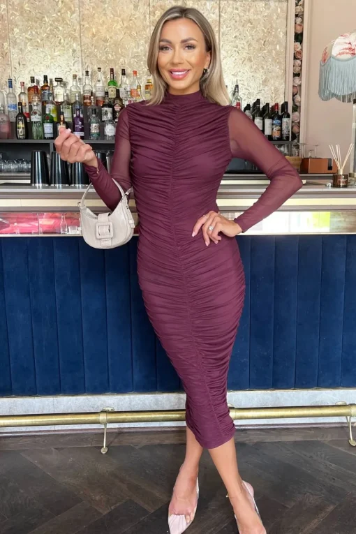 High Neck Long Sleeve Ruched Bodycon Mesh Midi Dress