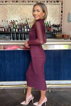 High Neck Long Sleeve Ruched Bodycon Mesh Midi Dress