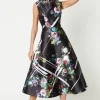 High Neck Printed Twill Midi Dress