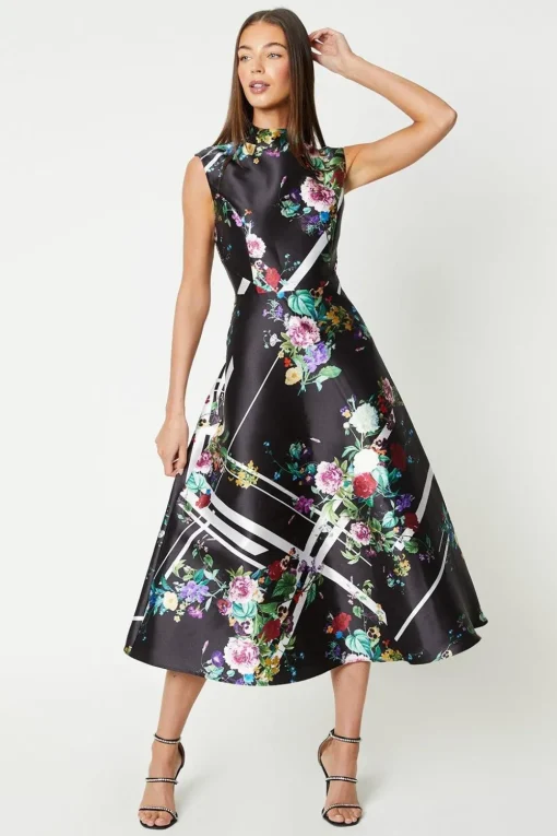 High Neck Printed Twill Midi Dress