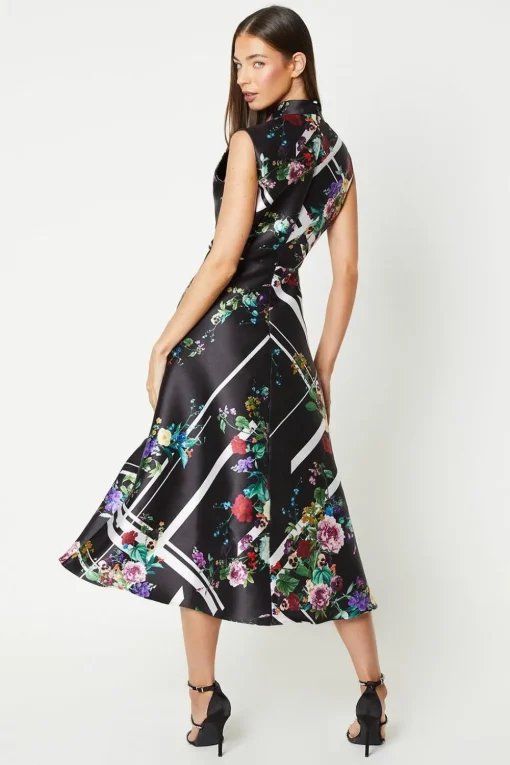 High Neck Printed Twill Midi Dress