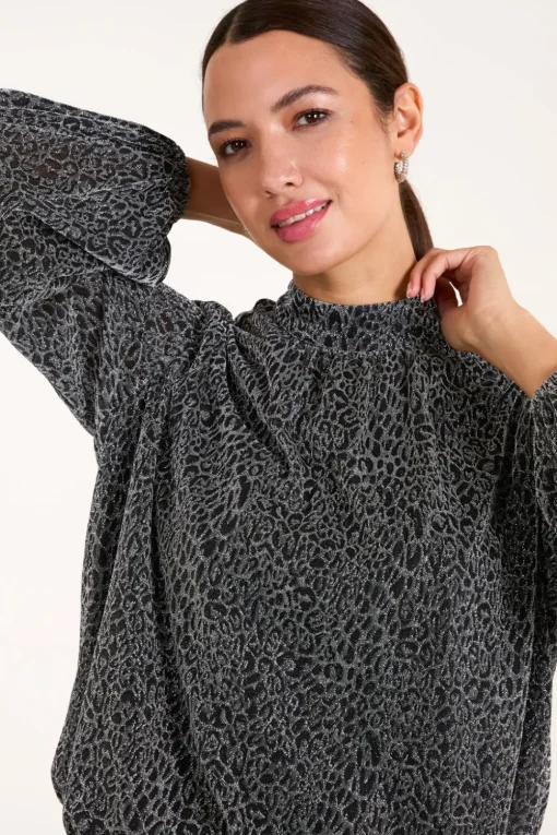 High Neck Puffball Hem Blouse
