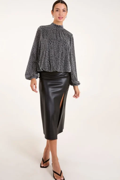 High Neck Puffball Hem Blouse