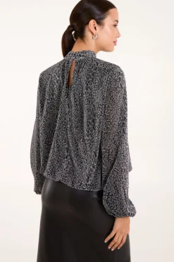 High Neck Puffball Hem Blouse