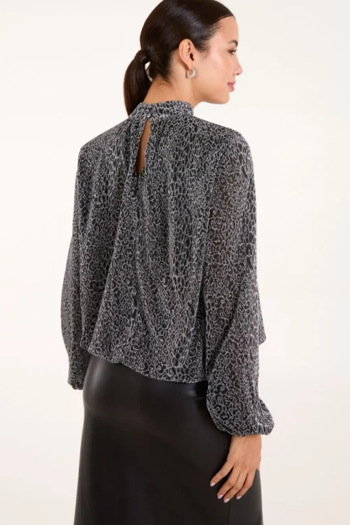 High Neck Puffball Hem Blouse