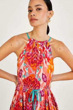 Ikat Paisley Print Halter Midi Dress