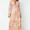Ikat Print Ruffle Metallic Jacquard Midaxi Dress