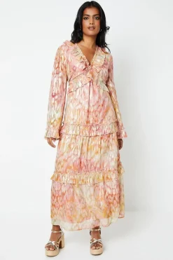 Ikat Print Ruffle Metallic Jacquard Midaxi Dress