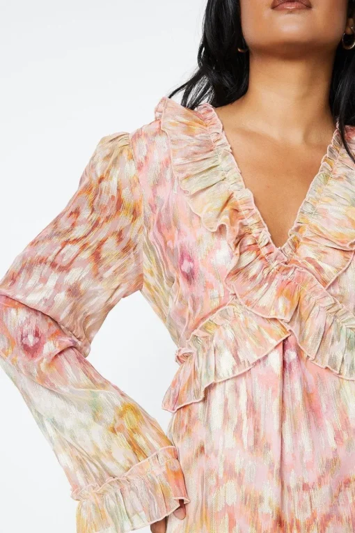 Ikat Print Ruffle Metallic Jacquard Midaxi Dress