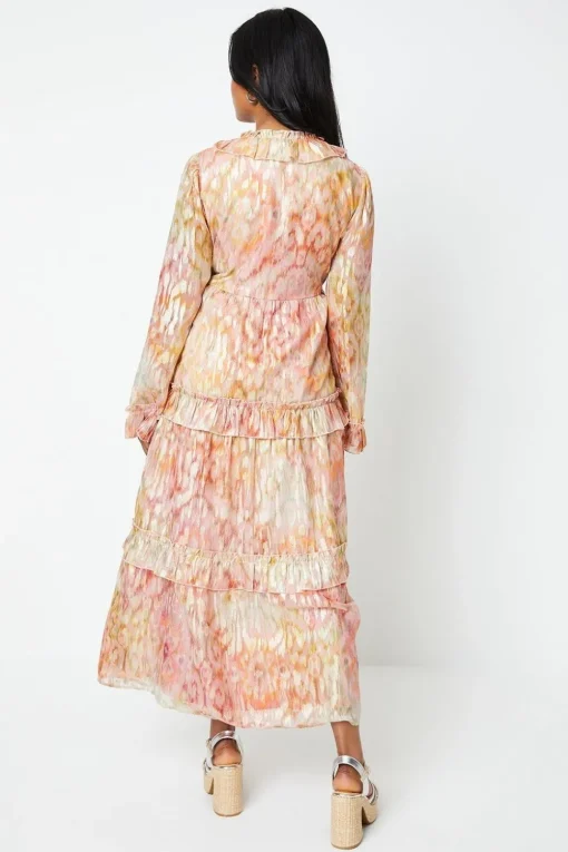 Ikat Print Ruffle Metallic Jacquard Midaxi Dress