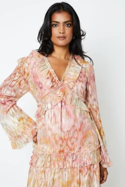 Ikat Print Ruffle Metallic Jacquard Midaxi Dress