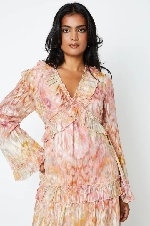 Ikat Print Ruffle Metallic Jacquard Midaxi Dress