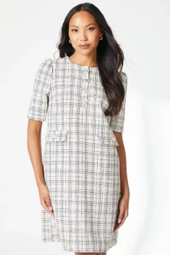 Ivory Boucle Button Detail Shift Dress