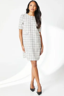 Ivory Boucle Button Detail Shift Dress