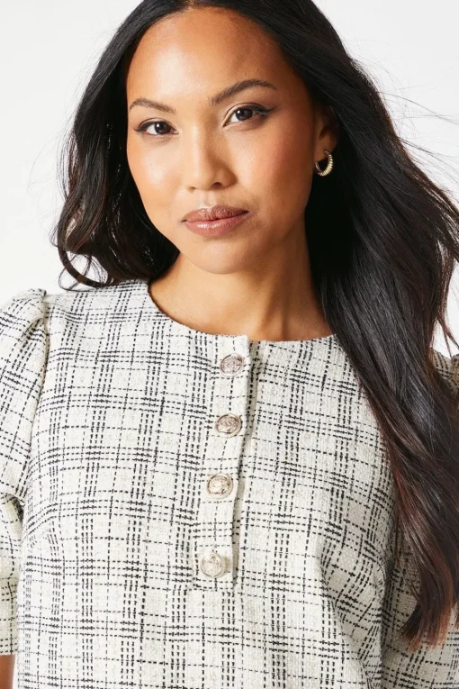 Ivory Boucle Button Detail Shift Dress