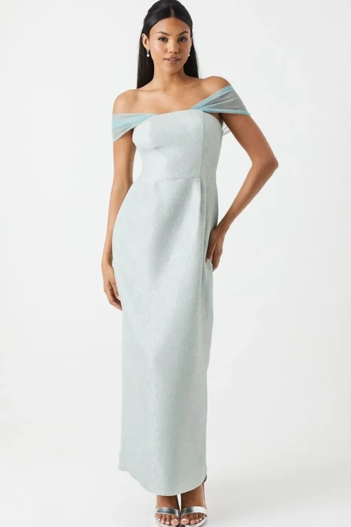 Jacquard Drape Shoulder Maxi Bridesmaid Dress