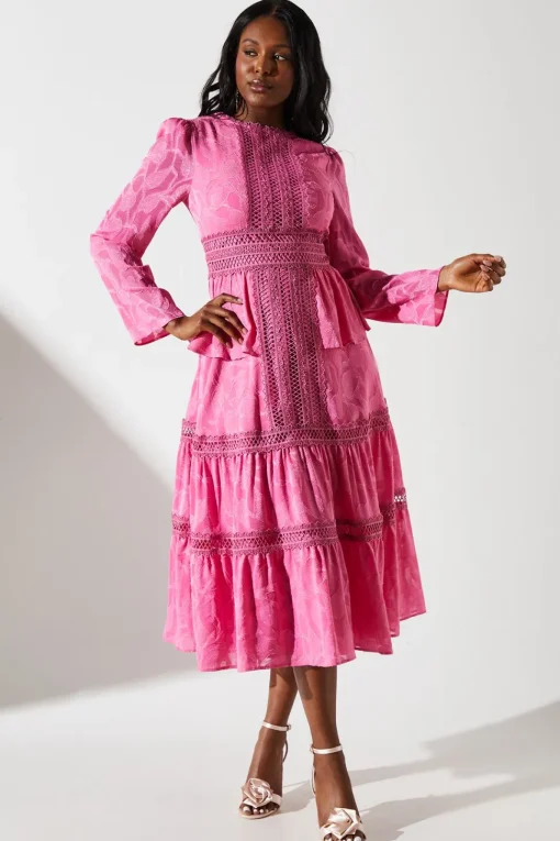 Jacquard Peplum Lace Trim Dress