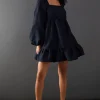 Jacquard Square Neck Balloon Sleeve Mini Dress