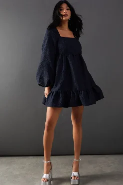 Jacquard Square Neck Balloon Sleeve Mini Dress