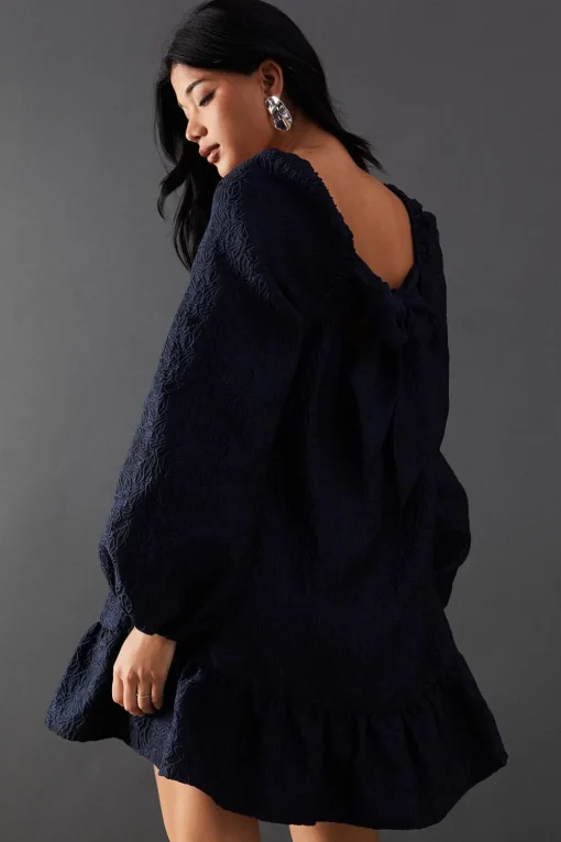 Jacquard Square Neck Balloon Sleeve Mini Dress