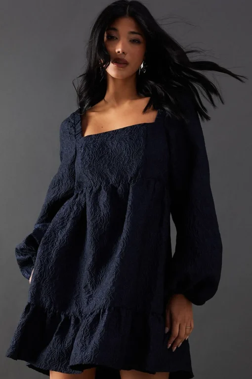 Jacquard Square Neck Balloon Sleeve Mini Dress