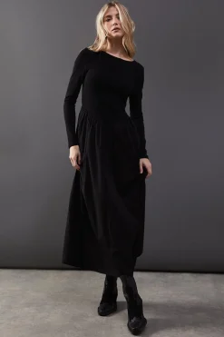 Jersey Taffeta Mix Drop Waist Midi Dress
