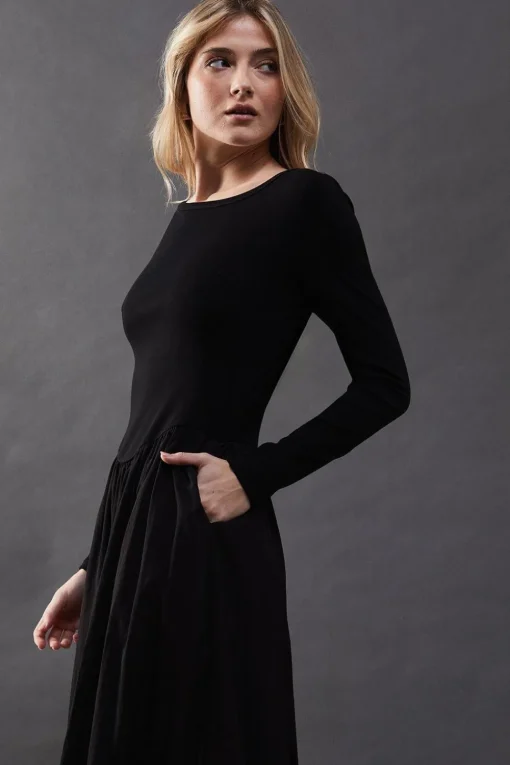 Jersey Taffeta Mix Drop Waist Midi Dress