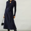 Keyhole Collared Belted Knitted Midi Dress