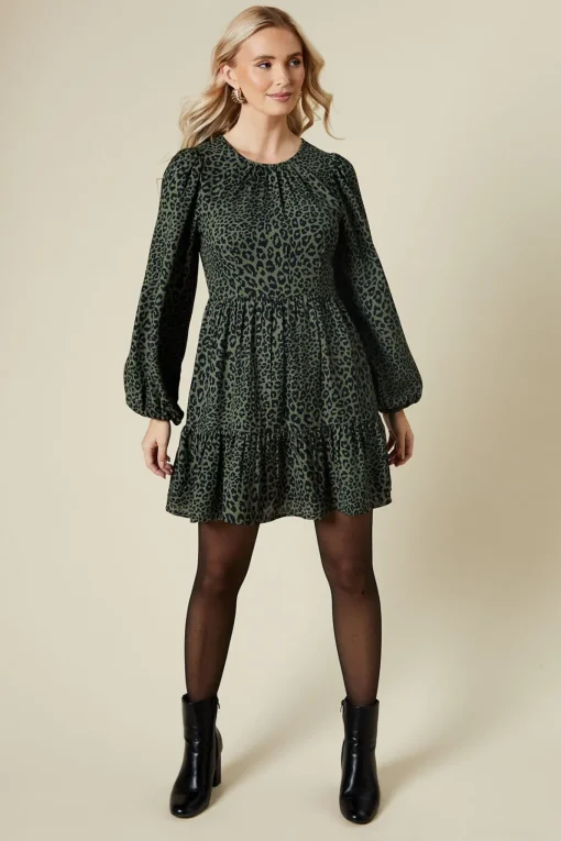 Khaki Animal Long Sleeve Tiered Mini Dress