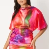 Kimono Sleeve Mini Dress With Tie Neck
