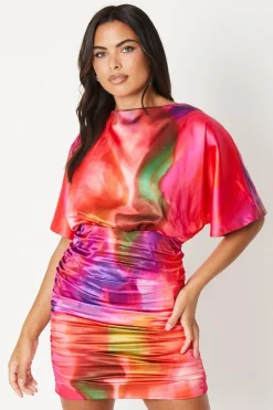 Kimono Sleeve Mini Dress With Tie Neck