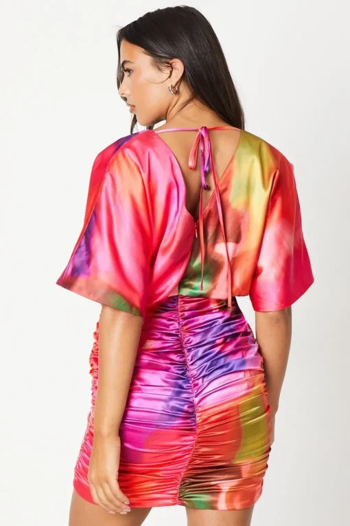 Kimono Sleeve Mini Dress With Tie Neck