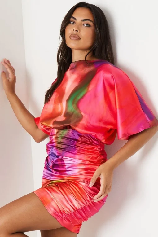 Kimono Sleeve Mini Dress With Tie Neck