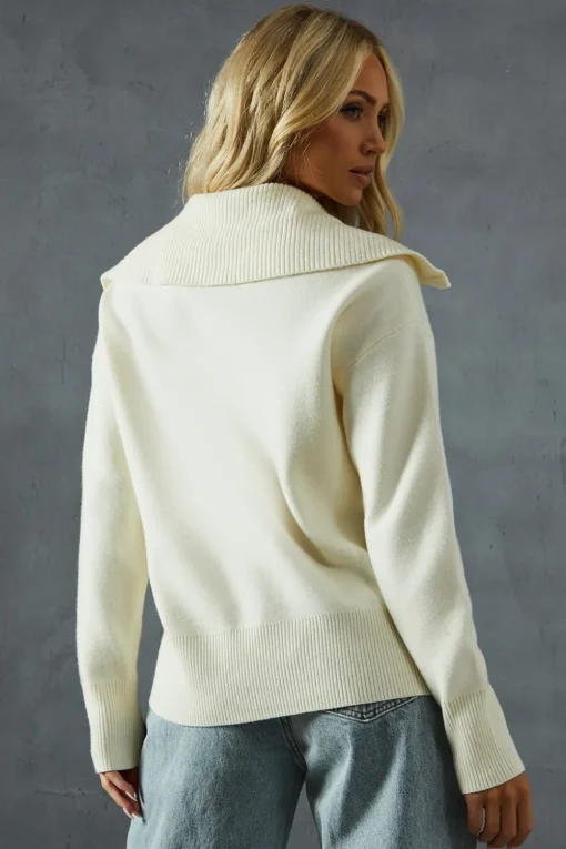 Knitted Rib Collar Zip Up Jumper