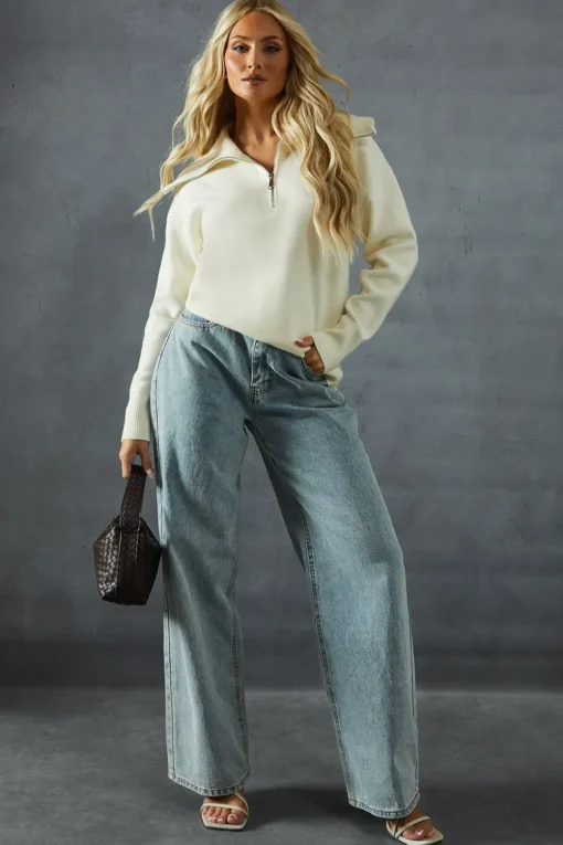 Knitted Rib Collar Zip Up Jumper