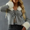Knitted Rib Fur Trim Tie Detail Front Jumper