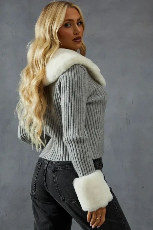 Knitted Rib Fur Trim Tie Detail Front Jumper