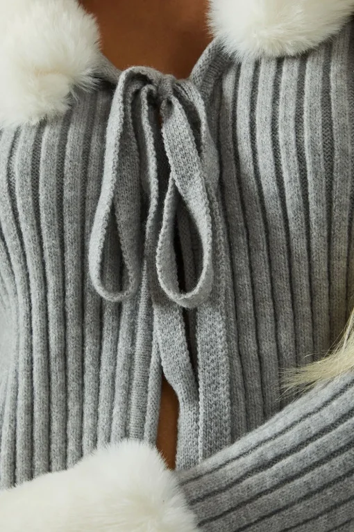 Knitted Rib Fur Trim Tie Detail Front Jumper