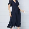 Lace Bodice Angel Sleeve Ruffle Hem Midi Dress